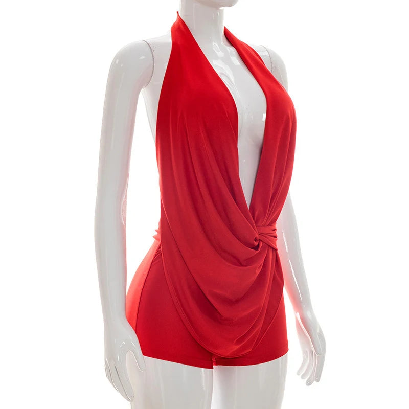 Sexy Deep V-neck Halter Backless Bodycon Rompers Woman Playsuit Sleeveless Ruched Jumpsuit Short Overalls Night Party Outfits