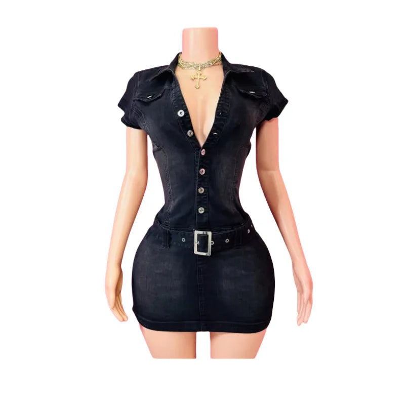 HLJ Fashion Denim Bodycon Mini Dresses Women V Neck Short Sleeve Slim Vestidos Summer New Cowboy Stretchy Streetwear Dress 2025