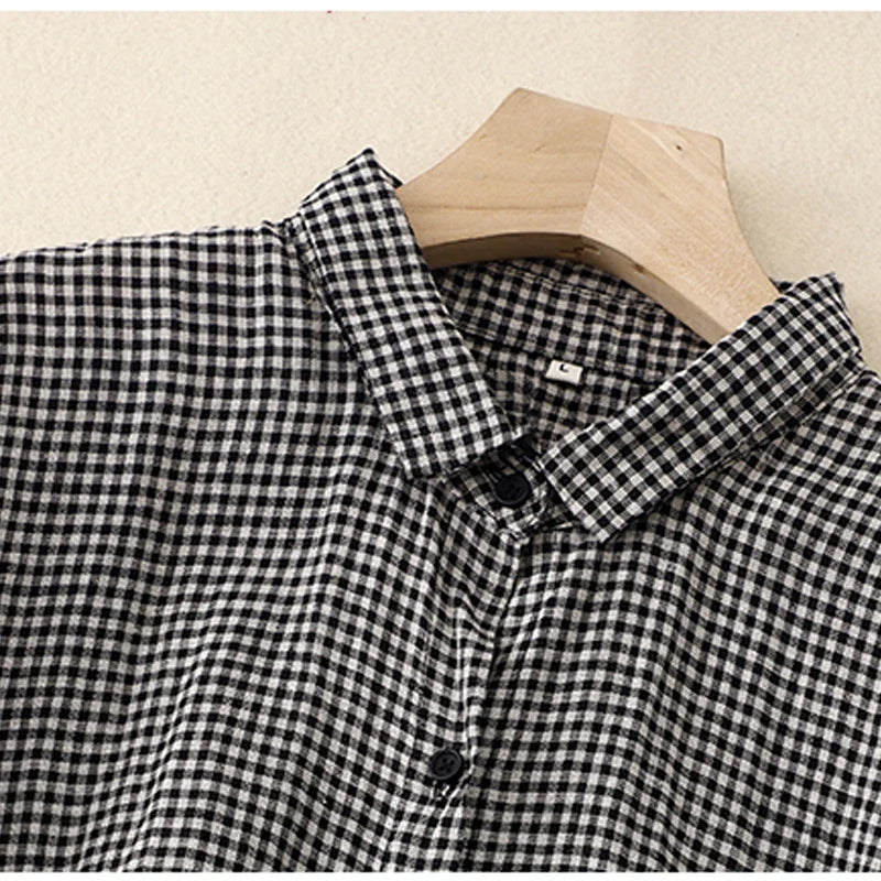 Cotton and linen plaid long-sleeved dress female spring and summer new Korean version of the loose large size temperament casual