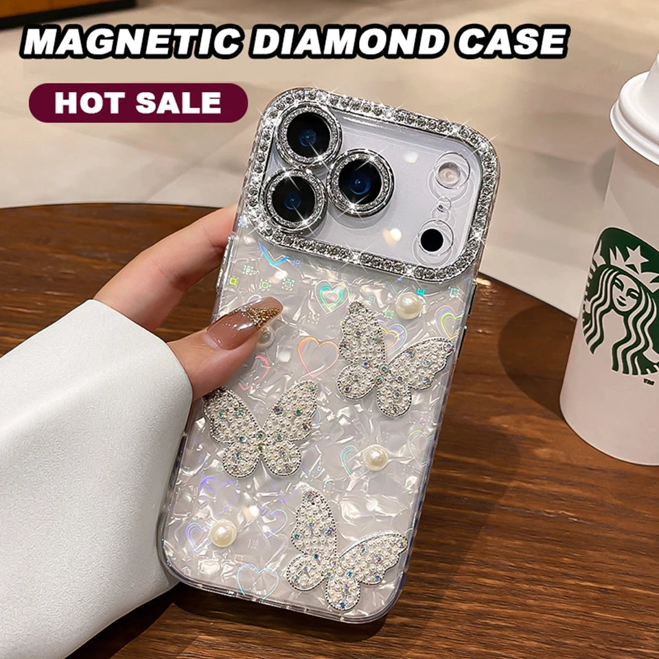 Diamond Bling Glitter Phone Case For iPhone 17 Air 11 12 13 16 Pro Max 15 14 16 Plus 17Pro Max Cute Butterfly Protector Cover