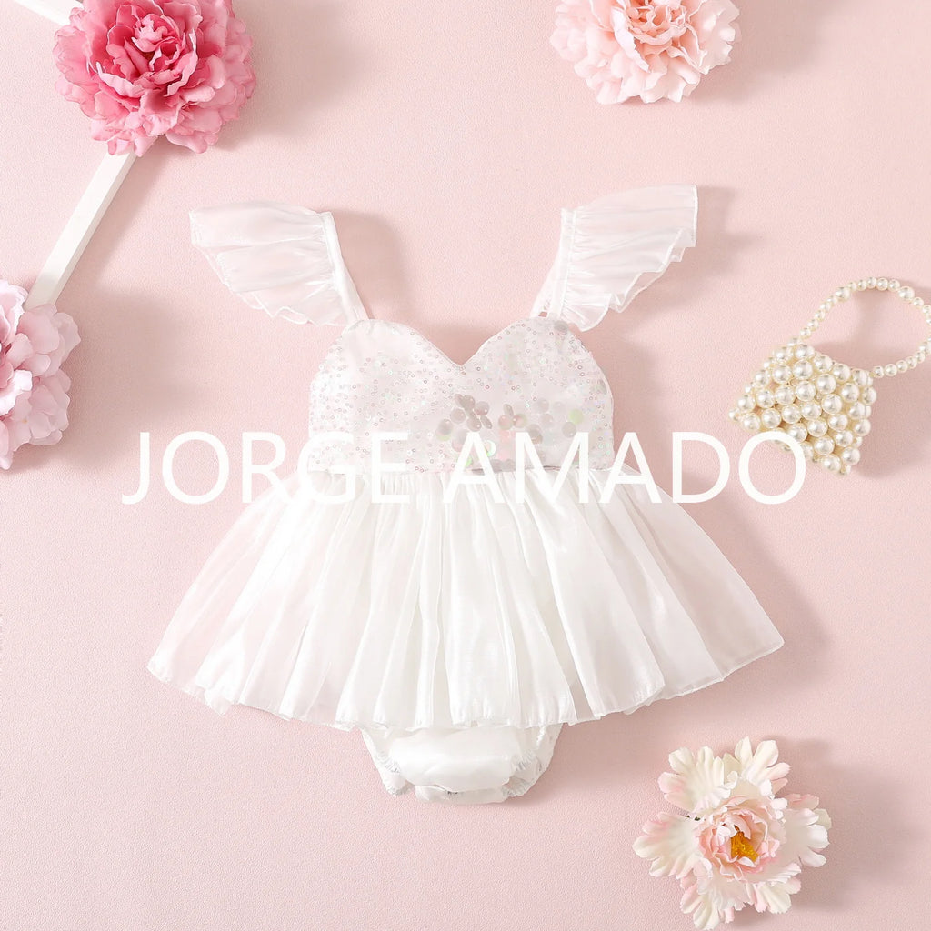 New Summer Bodysuit for Baby Girl Square Collar Sequined Large Bow Sleeveless Princess Jumpsuit Newborn Sweet Romper H1518