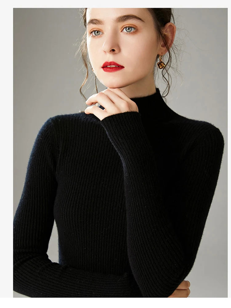 Autumn Winter Women Pullover Sweater Fashion Half Turtleneck Knitted Female Jumper Long Sleeve Winter Soft Elastic Tops