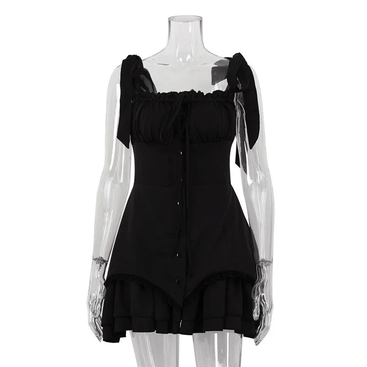 Mozision Sleeveless Ruffled Sexy Mini Dress For Women Robe Spaghetti Strap Backless Lace-up Bodycon Dress Elegant Clubwear