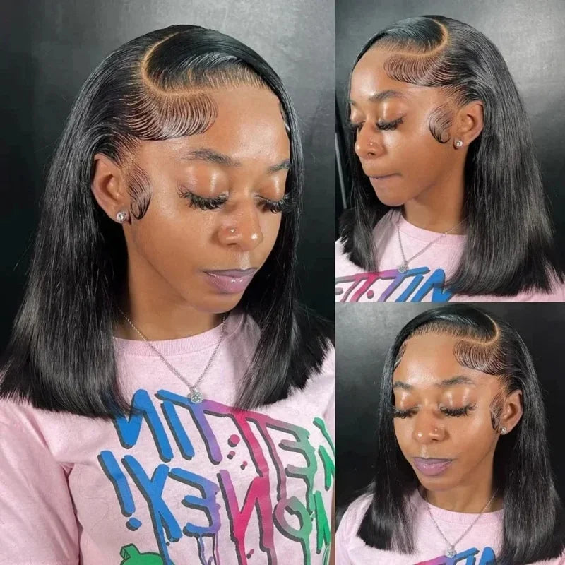 13x4 Short Bob Straight 13x4 Transparent Lace Front Wig 200% Density Human Hair Pre Plucked Wigs For Black Women 12 16 Inch