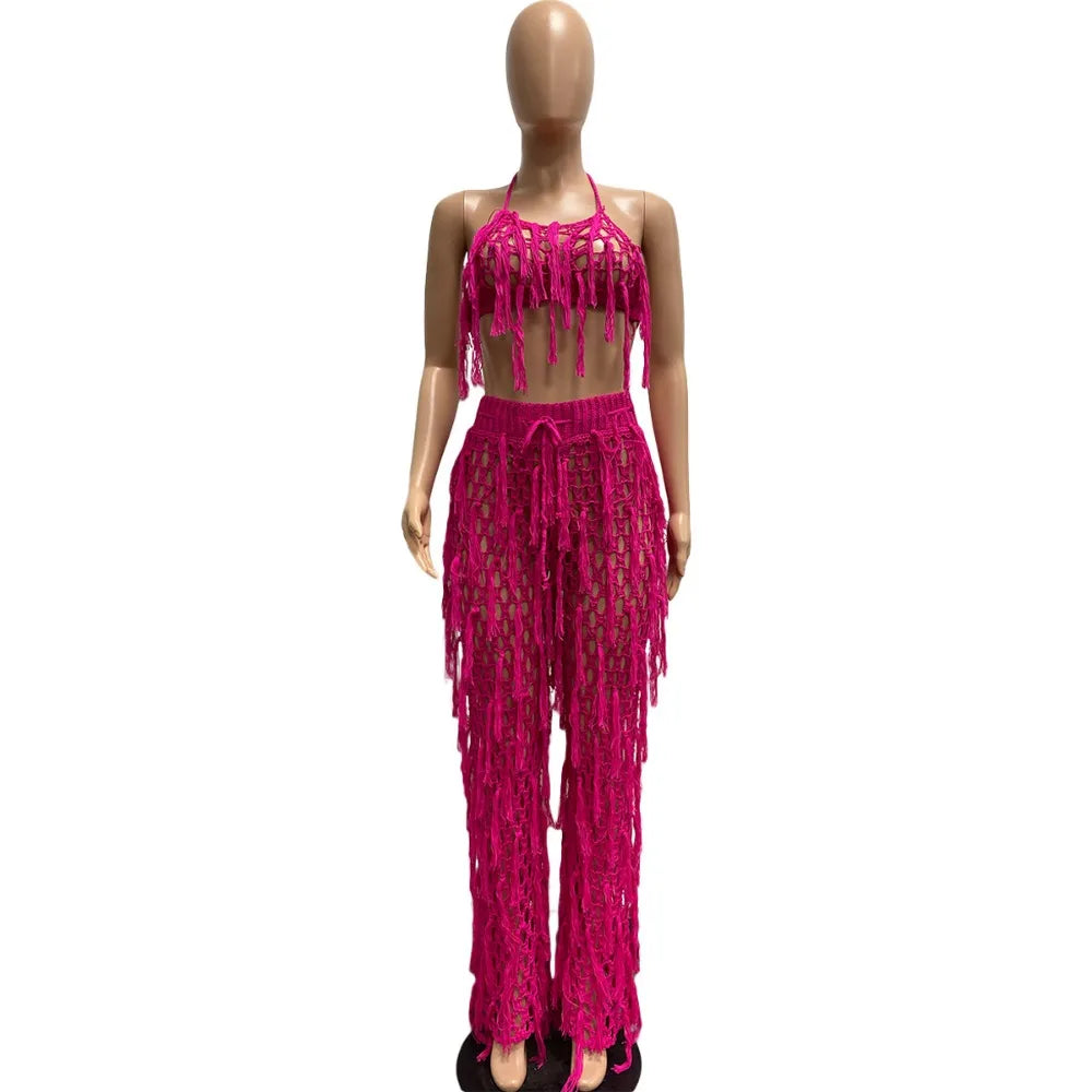 FAGADOER Sexy Hollow Out Tassels Pants Two Piece Sets Women Halter Sleeveless Backless Crop Top + Pants Outfit Female Streetwear
