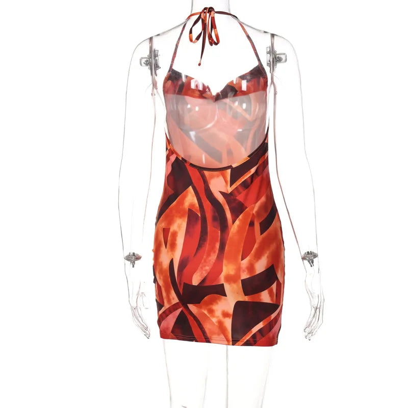 Boho Style Sexy Back Full Hollow Out Orange Color Bodycon Dress Women Halter Sleeveless Skinny Dress Elegant Club Party Vestidos