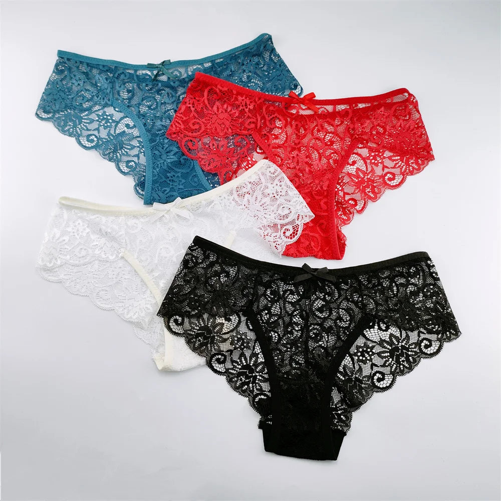 3Pcs/Set Sexy Panties Women Perspective Lace Underwear Hollow Out Breathable Briefs Cute Bow Intimates Lingerie Ladies Underpant