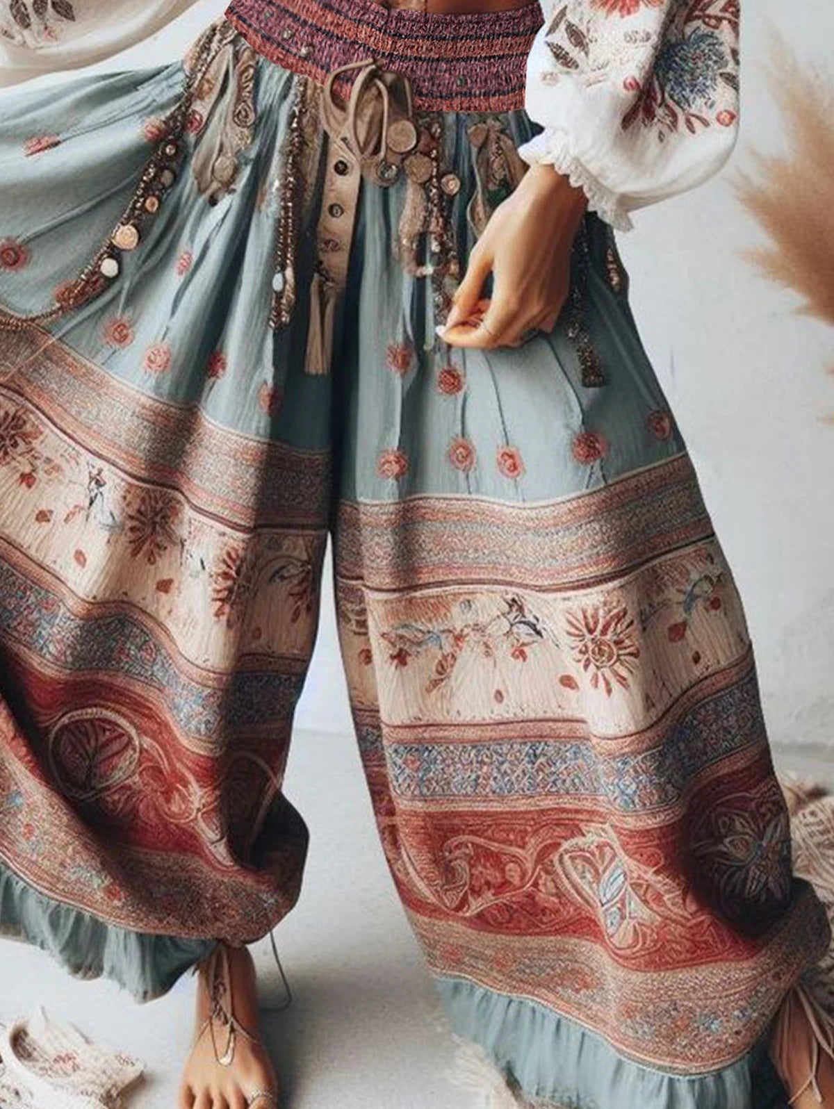 Women Harajuku Thin Casual Pants Fashion Ethnic Style Floral Wide Leg Ruffle Pants Loose Elastic Waist Ankle Length Trousers