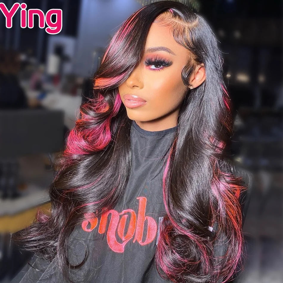 Pink Highlight 13x6 Lace Front Wig Pre Plucked Body Wave Colored Human Hair Wigs Transparent Peruvian Remy Hair For Black Women