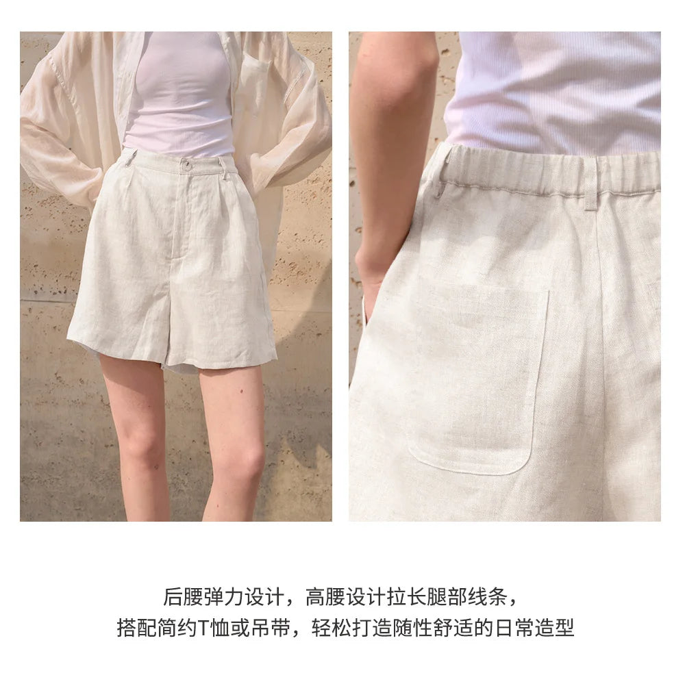 Retro 100% Linen Short Pants Women High Wasit Casual Harajuku Fashion Streetwear White Color Summer Office Lady Female Shorts