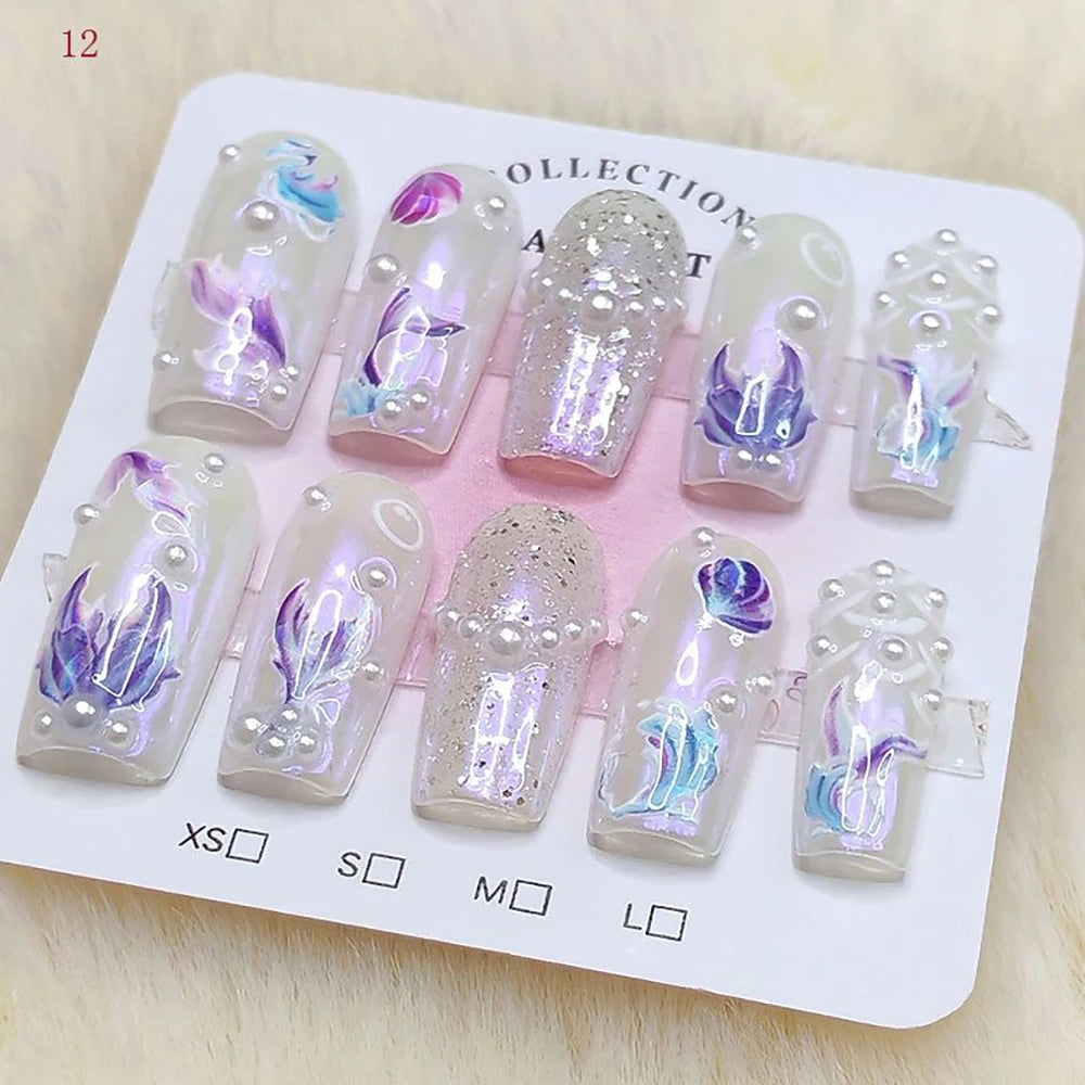 10Pcs Sweet Lovely Handmade Long Coffin Wearable Fake Nail Kawaii Girlish Heart Cartoon Pink Pearl Bow Diamond False Nail Gift