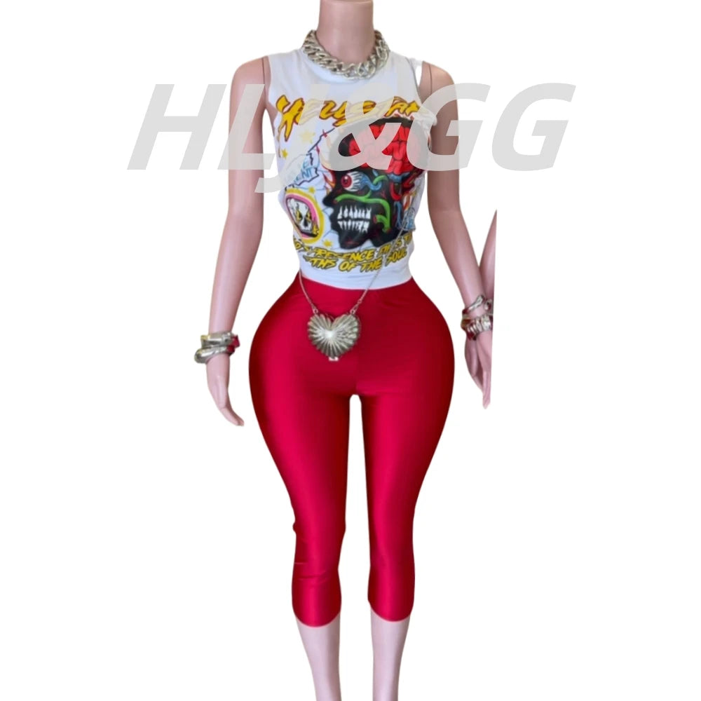 HLJ Fashion Y2K Pattern Print Two Piece Sets Women Round Neck Sleeveless Top+Skinny Shorts Outfits Trend Female 2pcs Streetwear