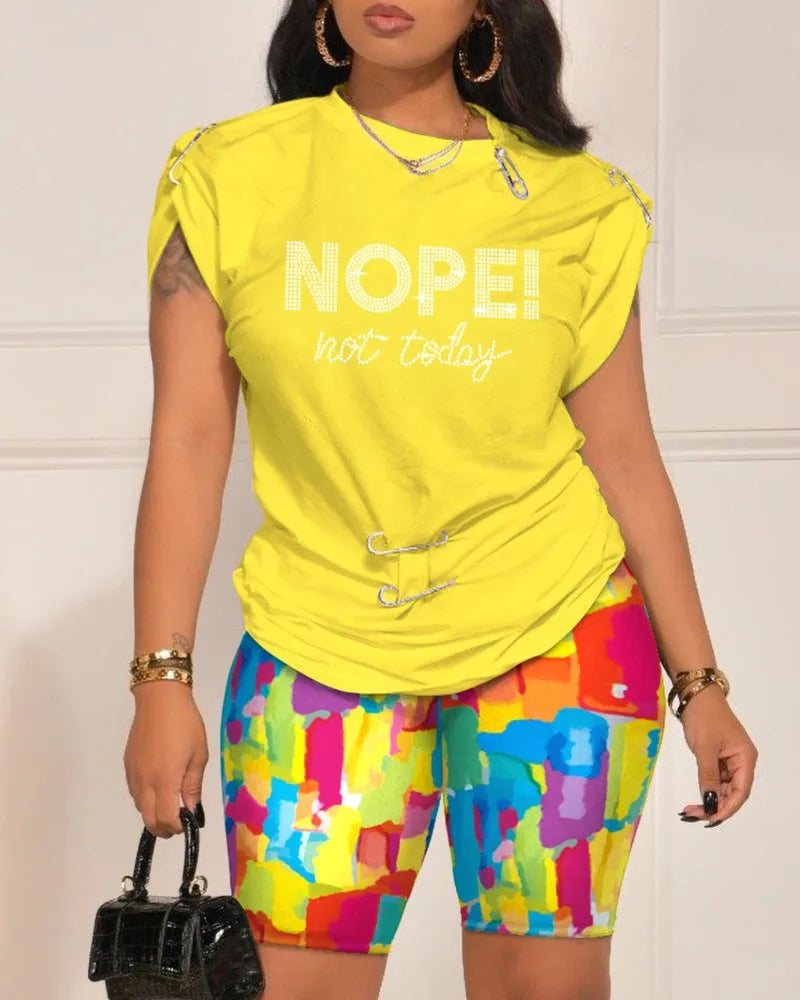 Women Leisure Pin Digital Printing Set O Neck Short Sleeve T-shirt And Shorts 2 Pieces Sets Summer Top + Short Pant 2 PCS Suits