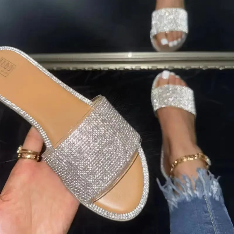 2024 New Shiny Rhinestone Fashion Ladies Slippers Outdoor Women Roman Shoes Flat Sandals Female Casual Beach Crystal Slides