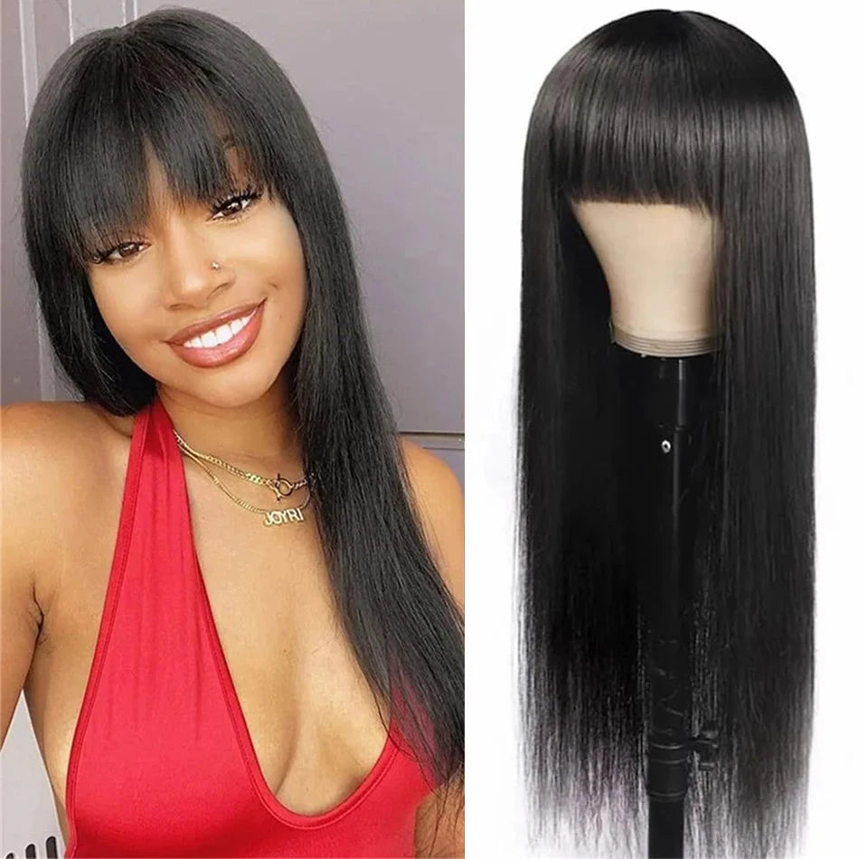 Human Hair Wigs with Bangs 32 Inches Full Machine Made Hair Wig Bone Straight 200 Density Glueless Wig Human Hair Non Lace Wig