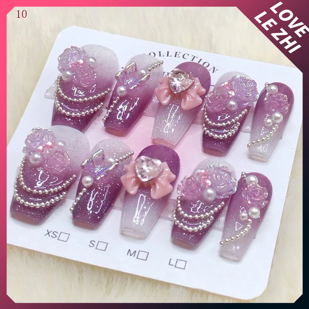 10Pcs Sweet Lovely Handmade Long Coffin Wearable Fake Nail Kawaii Girlish Heart Cartoon Pink Pearl Bow Diamond False Nail Gift