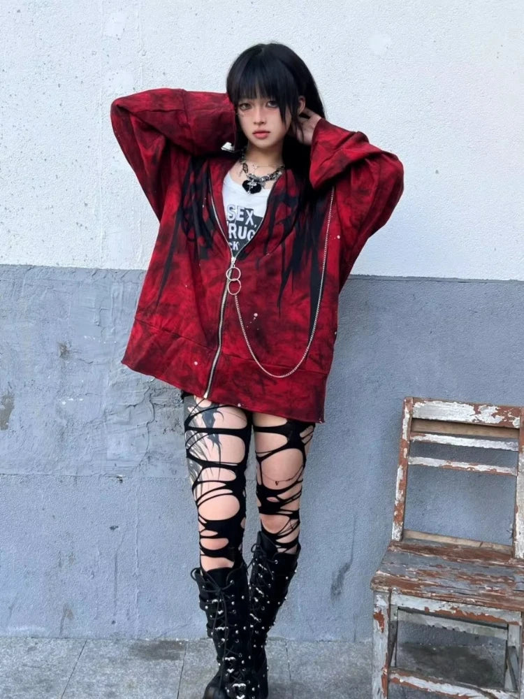2025 Y2k Aesthetic Printing Punk Hoodies Women Grunge Loose Pocket Oversized Hooded Hoody Harajuku Streetwear Zipper Sweatshirts