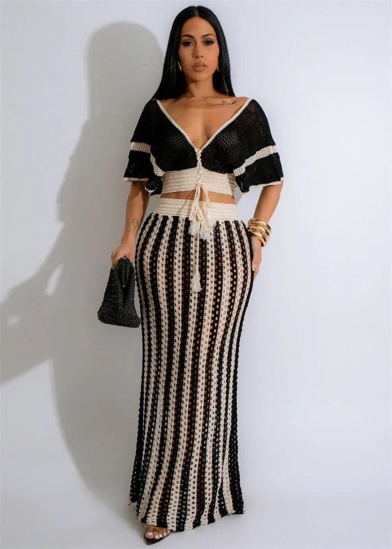 Striped Knitted Two Piece Set Women Outfit Y2K Clothes Clubwear Party Hollow Out V-neck Crop Top and Long Skirt Maxi Dress Sets