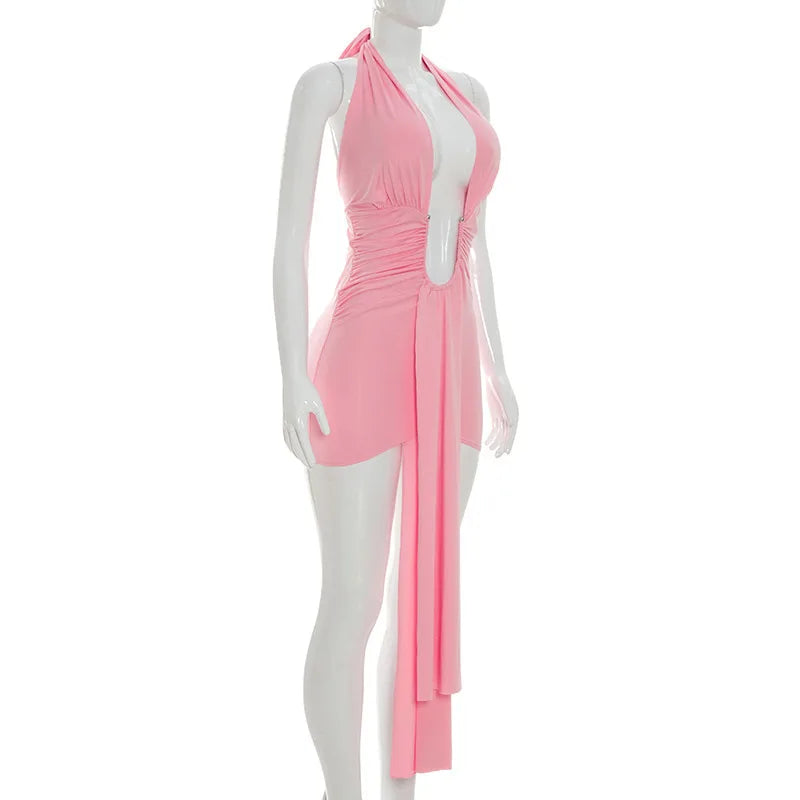 Metal Ring Ribbon Ruched Bodycon Mini Dress Women Solid Sexy Deep V Neck Lace Up Halter Backless Wrap Hip Slim Party Clubwear