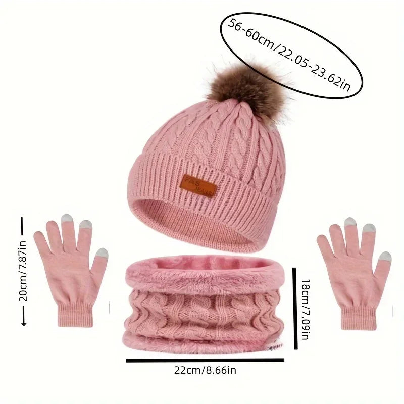 Warm & Soft Winter Fleece Knitted Hat Scarf Touch Screen Gloves 3Pcs Set Perfect Ear & Neck Warmer for Skiing Hat Outdoor Sports