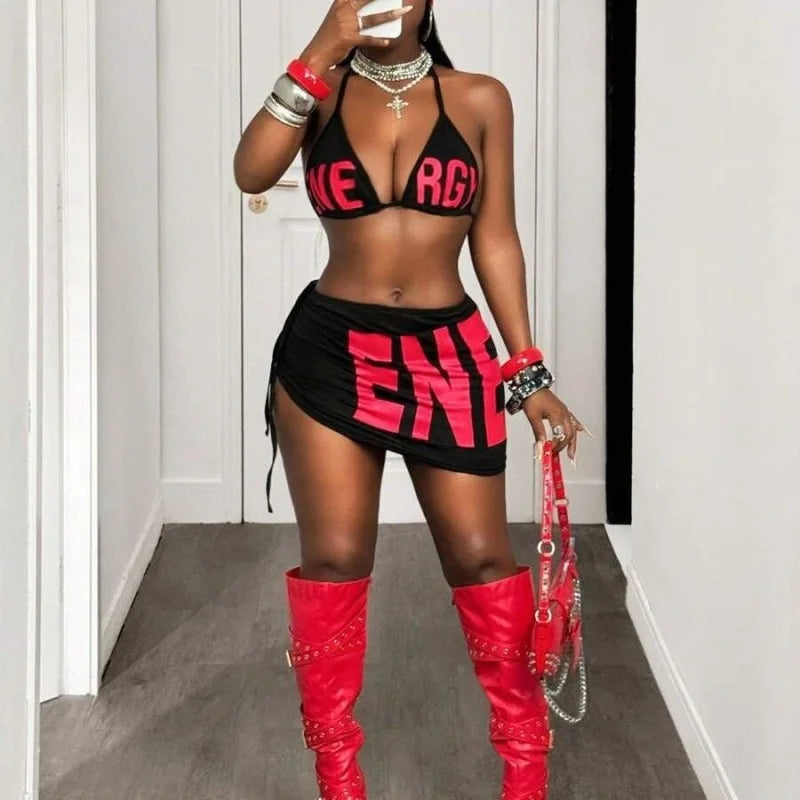 Y2K Sexy letter print Vintage Hot girl mini skirt fashion Retro style Harajuku subculture emo High street Bodycon Bikini sets