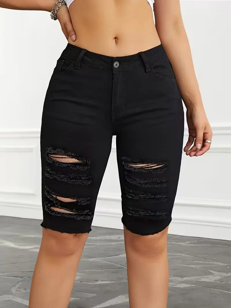 Ripped Skinny White Denim Shorts Women Sexy Slim Elastic Hip Hop Hole Short Jeans Female Fashion Y2K Street Knee-length Pants