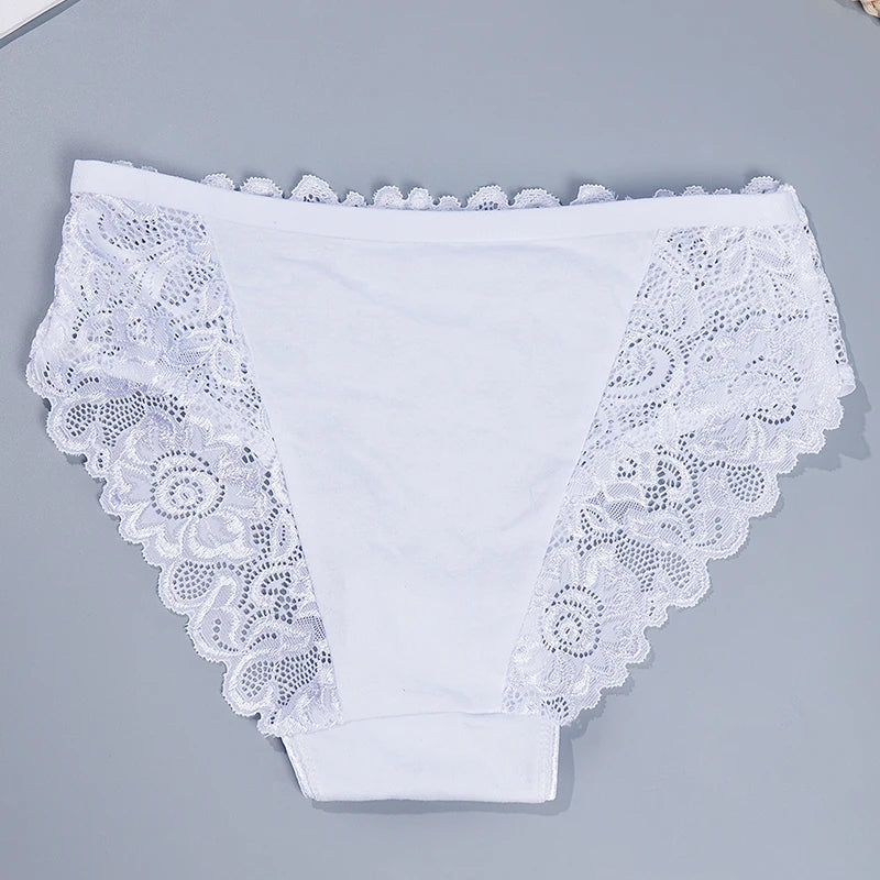 3PCS/Set Blue White Khaki Solid Color Cotton Panties Lace Floral Embroidery Briefs Solid Color Sexy Female Underwear Lingerie