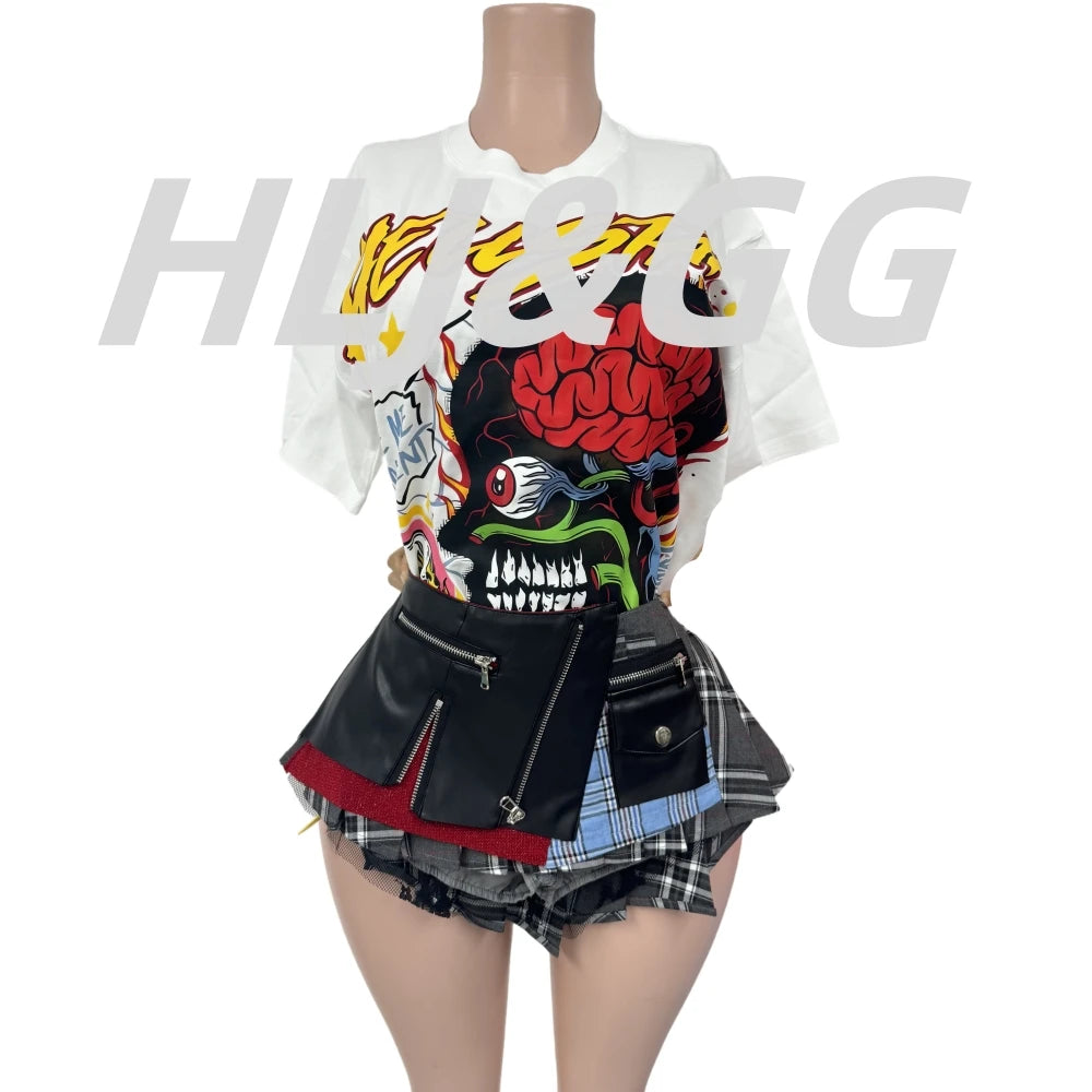 HLJ Trend Fashion Pattern Printing Tshirts Two Piece Sets Women Short Sleeve Top+Irregular Plaid Mini Skirts Outfits Streetwear