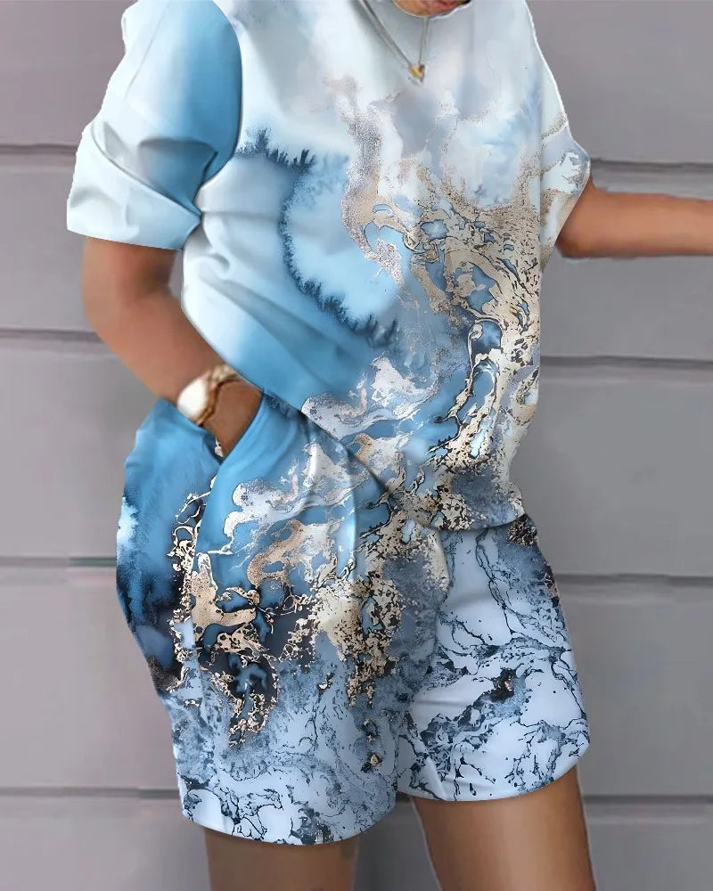 Women Print Two Piece Shorts Sets Matching Sets Short Sleeve T Shirts Pockets Elastic Waist Trousers Y2k Tops Suits Summer 2025
