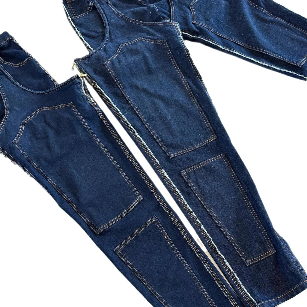 Mom Jeans Straight Pants Women Hollow Out Zipper High Strecth Pockets Irregular Denim Vintage Y2k 2025 Trousers Streetwear
