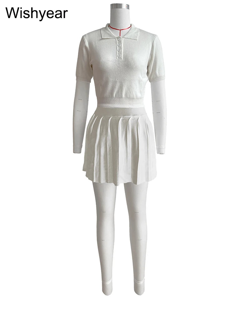Fashion Knitted Pleated Skirts and Short Sleeve Crop Tops Two 2 Piece Set Women Summer Sporty Fitness Club Beach Party Outfits