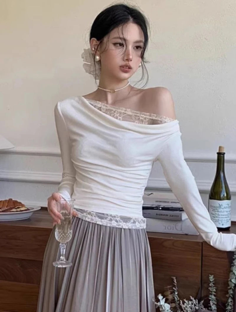 Lace Patchwork Sexy Slash Neck Blouse Slim Solid Long Sleeve Chic Shirt Chic Harajuku Elegant Commuter Office Lady Tops