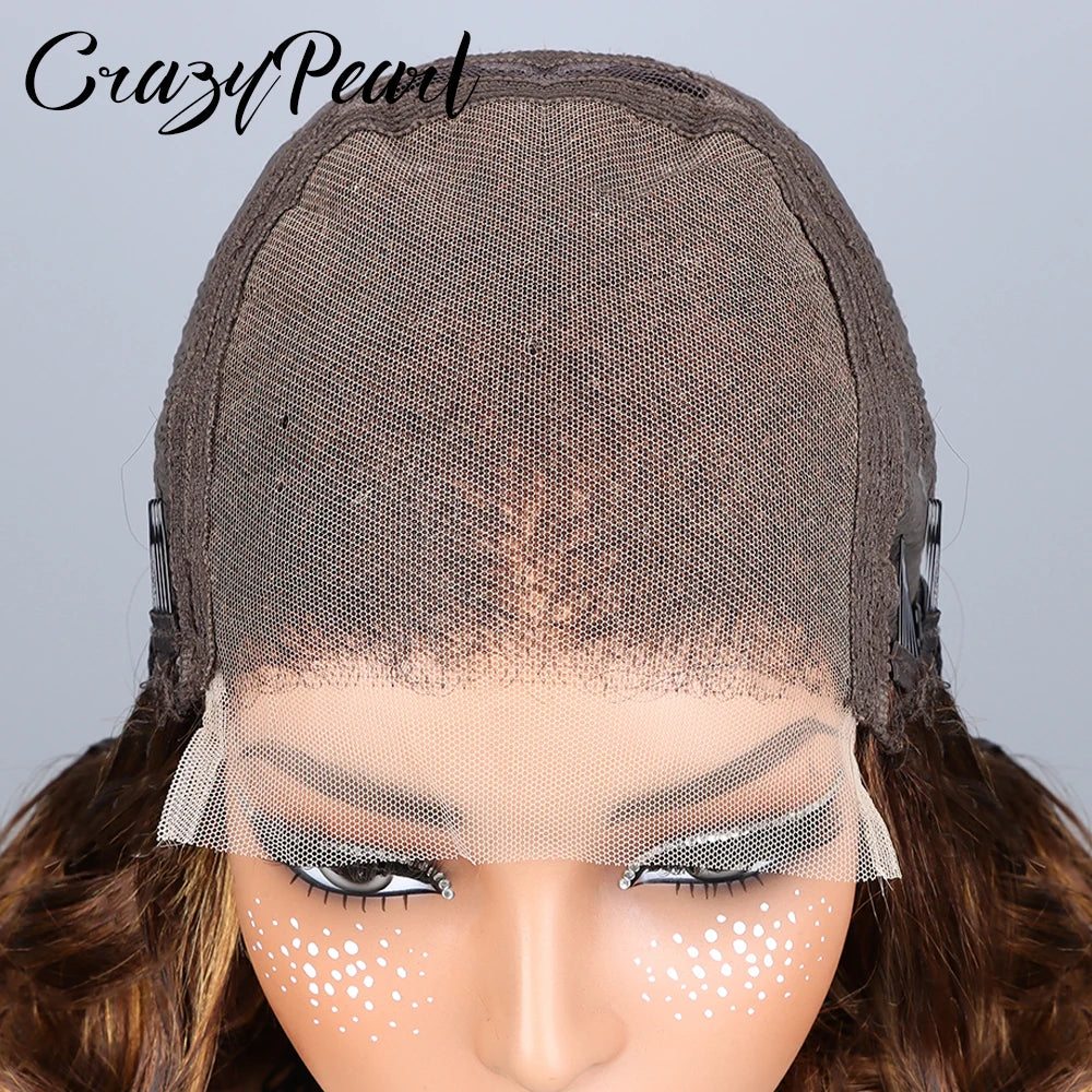 CrazyPearl P4/27 Highlight 5X5 Lace Closure Wigs Human Hair Bob Wigs Ombre Brown Blonde Body Loose Wave 16Inch Wigs For Woman