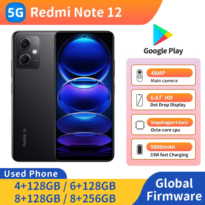 Redmi Note 12 5G 2400x1080px 5000mAh 33w 48MP 6.67 inch RAM 8GB ROM 128GB used phone