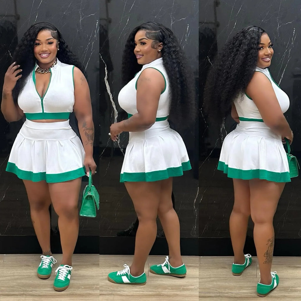 Women Two Piece Sets Shorts Skirt Set Zipper Sleeveless Sexy Tops Short Skirts A Line High Waist Y2k Streetwear Elegant Work