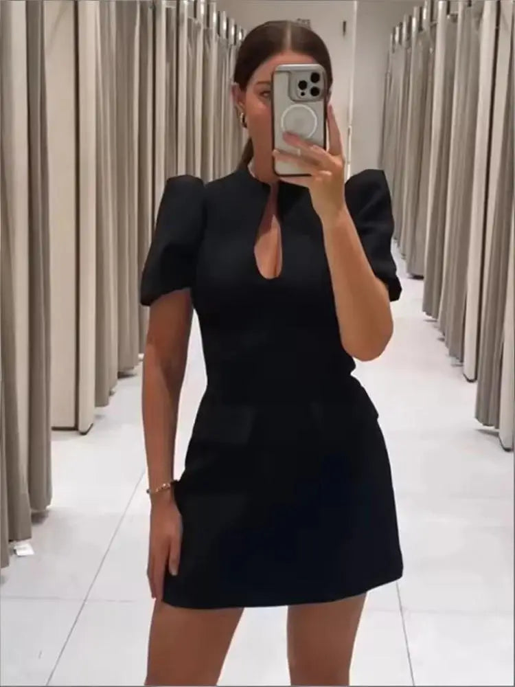 Women Elegant Chic Puff Sleeve Mini Dress Summer New Female O-Neck Hollow-Out Zipper Short Dress Fashion Lady Party Date Dress