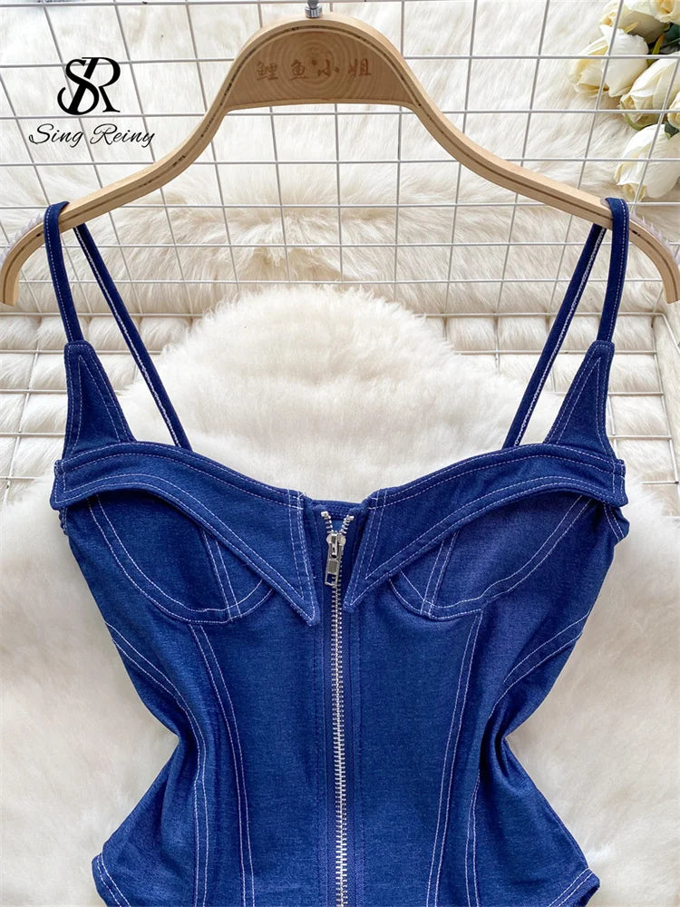 SINGREINY American Vintage Denim Bodysuits Spaghetti Strap Skinny Women Playsuits Fashion Streetwear Slim Sexy Zipper Rompers