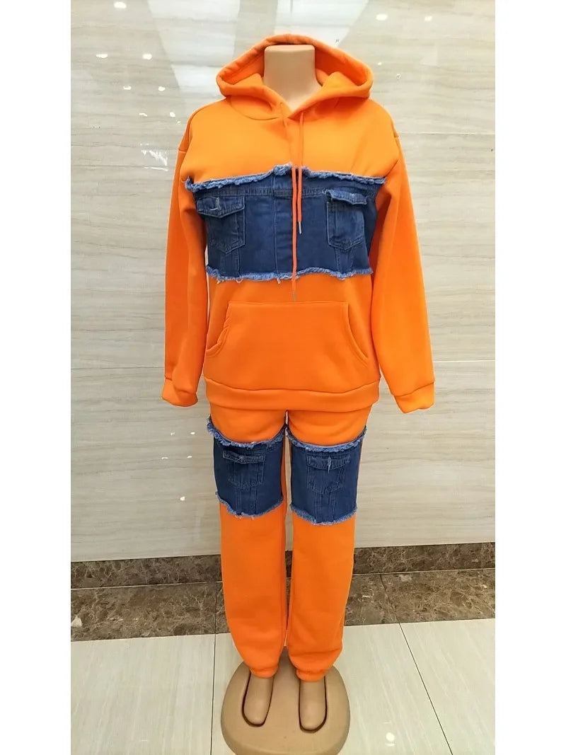 Pants Set Women Two Piece Sets Hooded Matching Sets Sweatshirts Long Pants High Waist Denim Splice Y2k Casual Jogger 2025