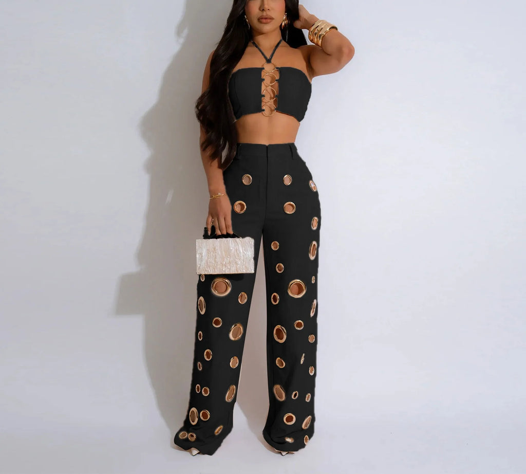 Metal Ring Hollow Out Two Piece Set Women Sexy Strapless Lace Up Halter Backless Crop Tops + Wide Leg Pants Casual Street Suits