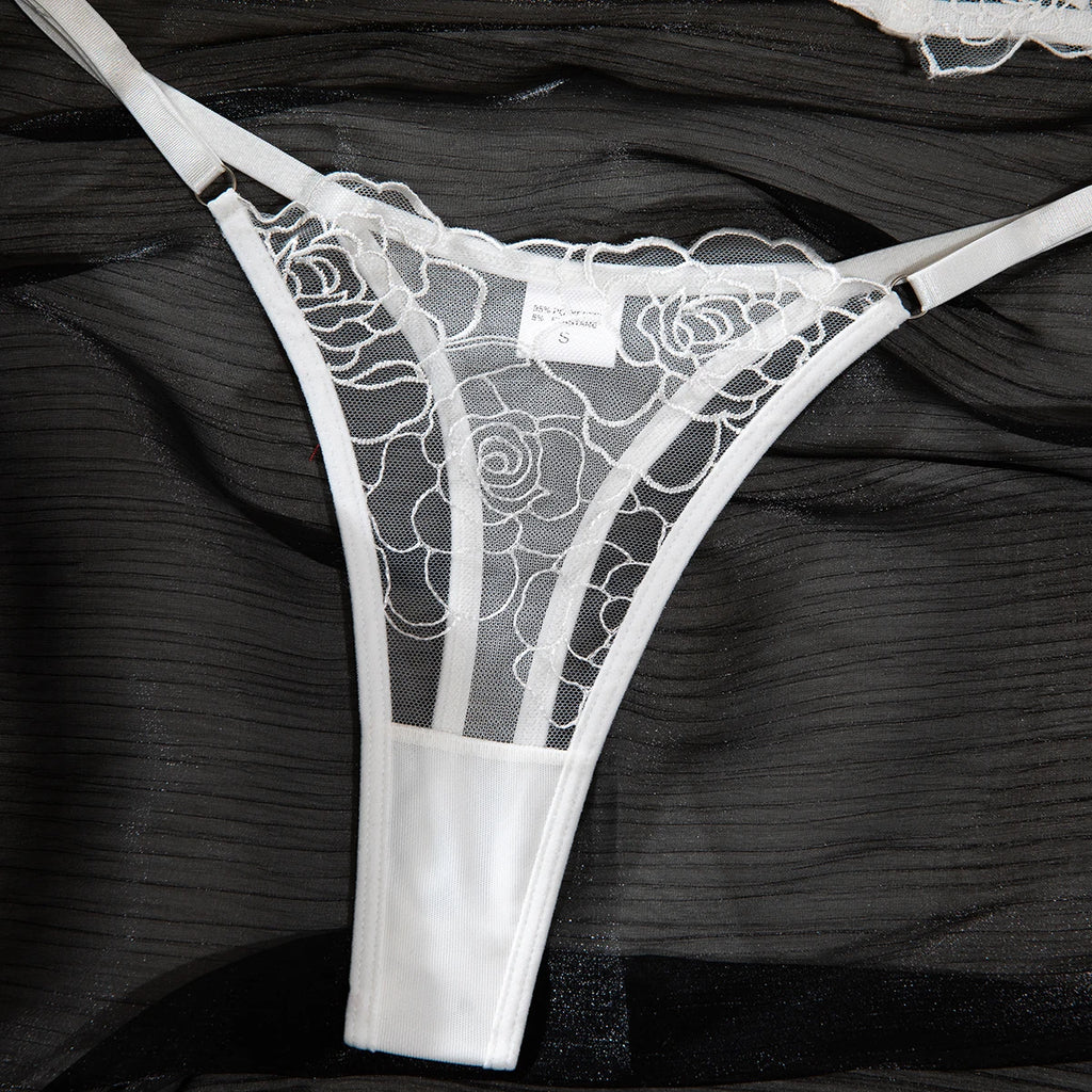 Krasapt White Floral Embroidered Fishbone Bras And Panties Sexy Lingerie Sets Transparent Mesh Patchwork Erotic Underwear Suit