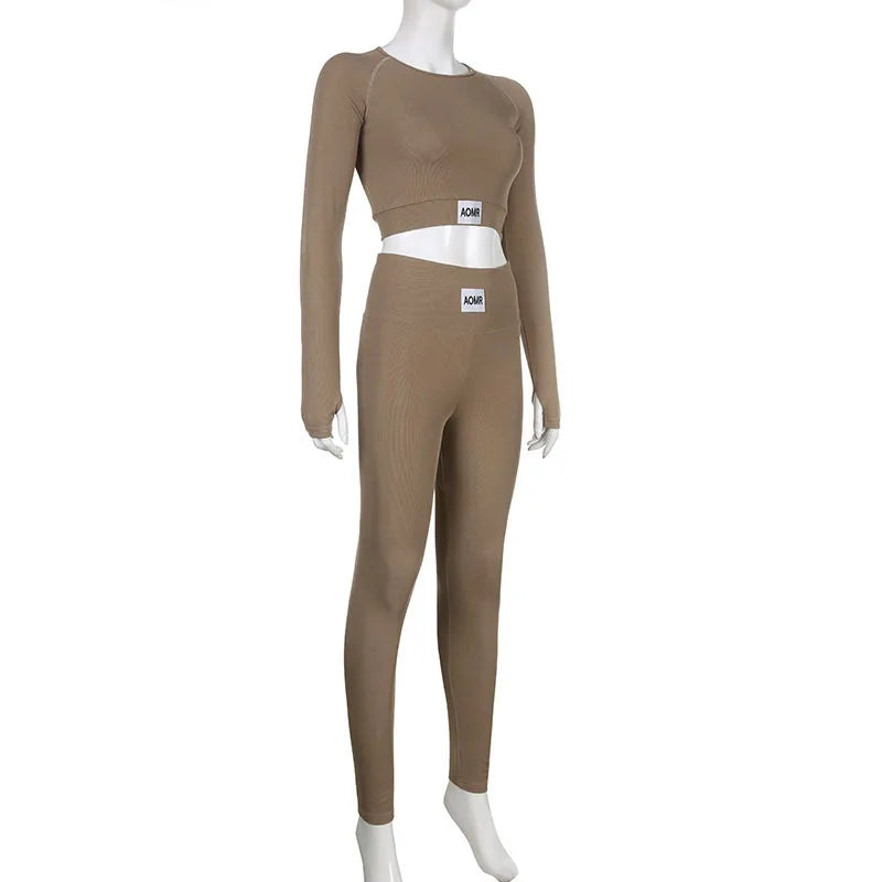 Spring Autumn Black 2 Two Peice Sets Tracksuit Women Outfits Long Sleeve Crop Top Trousers Skinny Sports Yoga Sets Itness Wear