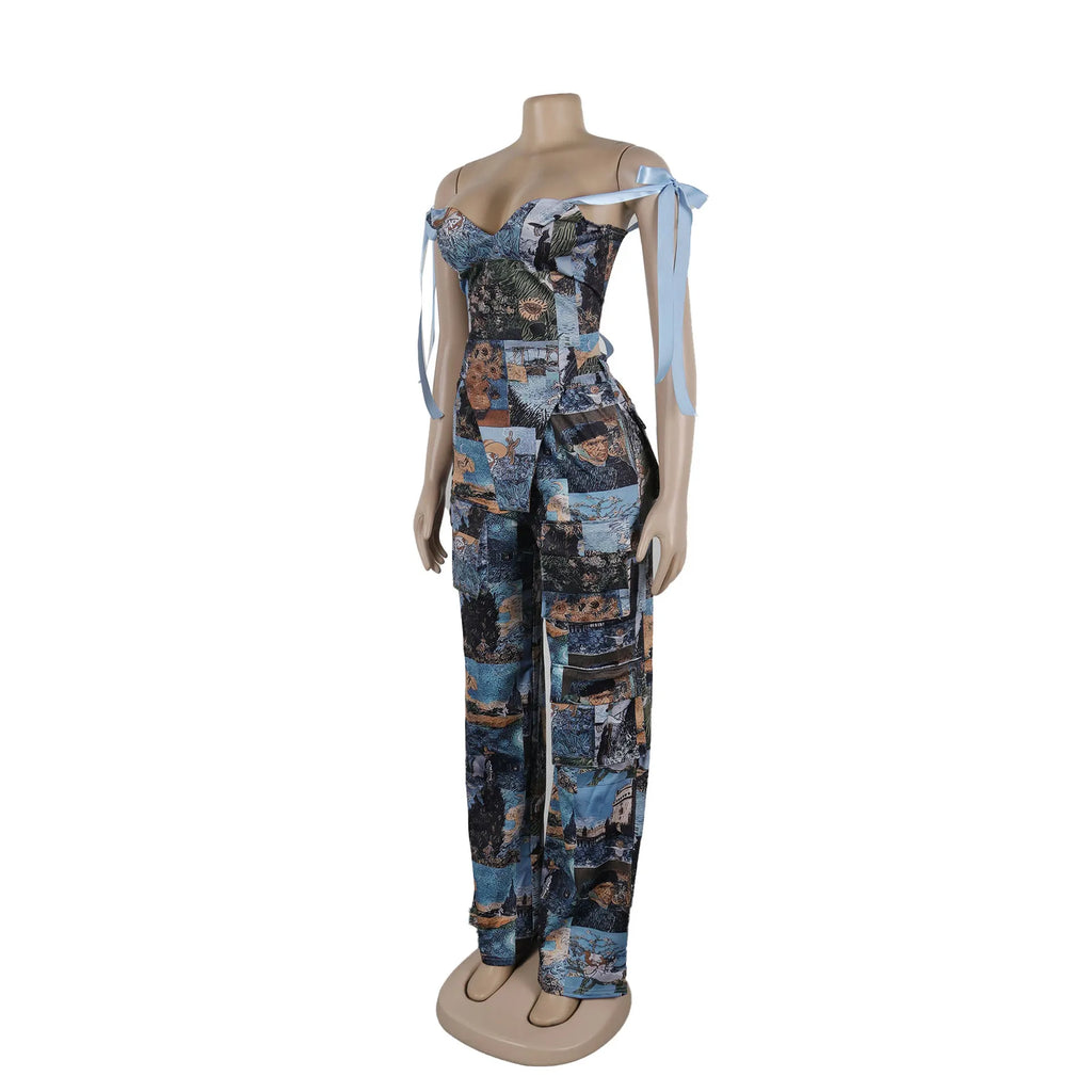 Two Pieces Women Pant Sets Print Matching Set Drawstring Pockets Sleeveless Top Elastic Waist Pants Slim Fit Casual 2026 Spring