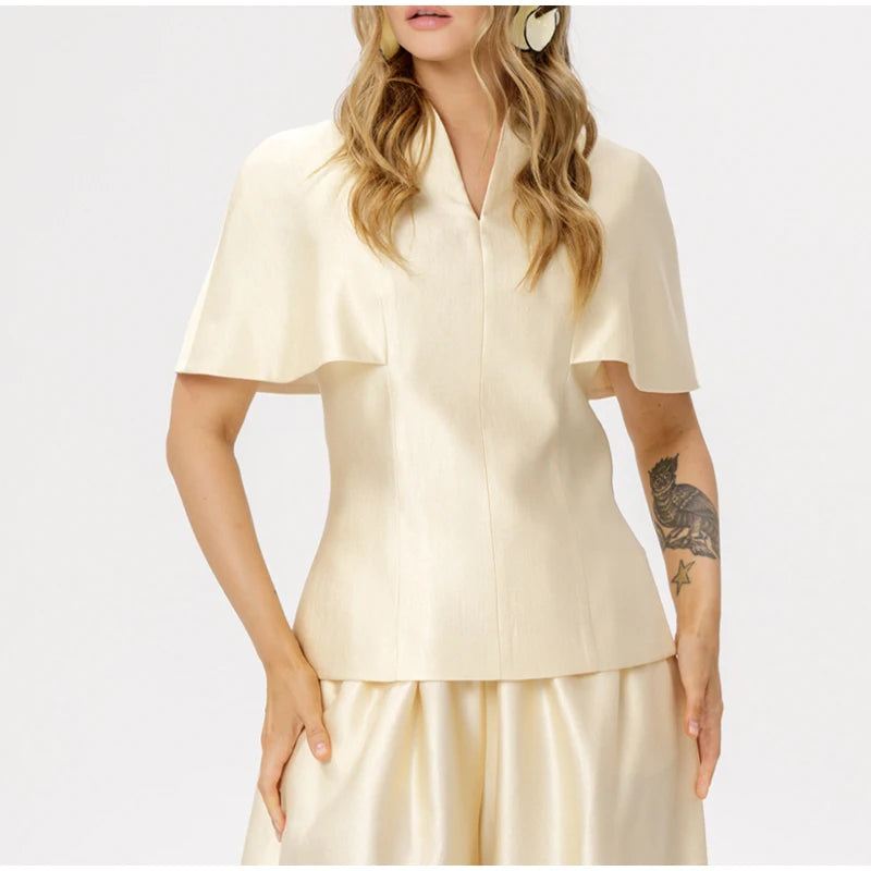 Casual Summer Women's Suit Solid Patchwork Top Long Pants Sets V-neck Short Sleeve Tops Loose Lantern Pant 2026 Lady Chic Suits