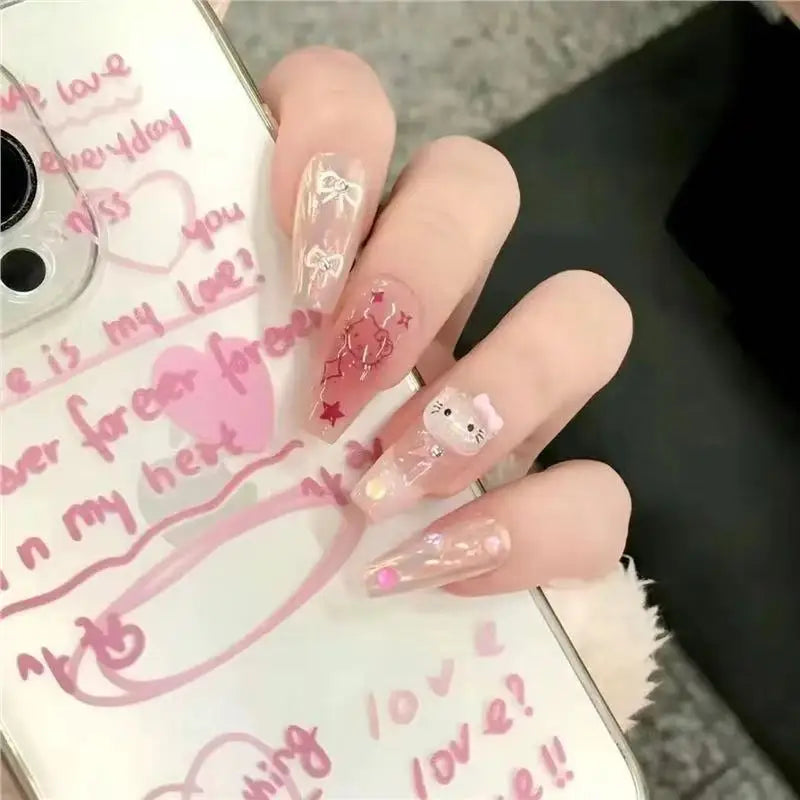 Y2k Girls Hello Kitty Cat Wearing Nails Cute Nail Art Pink Tone Anime Ins Fake Nail Patches Cartoon Kawaii  Kt Cat Women Diy