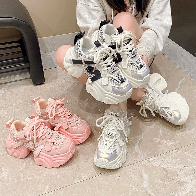 7CM Fashion Spring Autumn Sneakers Women Lace Up Chunky Platform Sports Dad Shoes Woman Comfort Casual Shoes Zapatillas Mujer