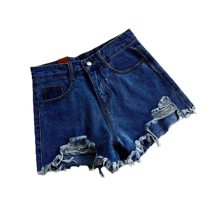 Korean Denim Shorts Women Summer Fashion Casual High Waist Ripped Jeans Pocket Tassel Hot Pants Streetwear Blue Trousers