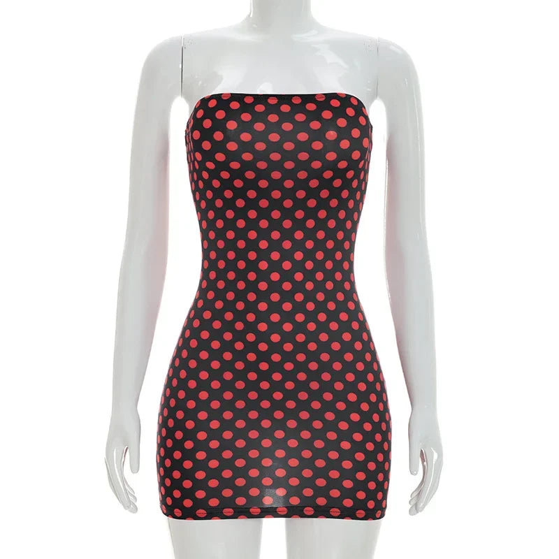 Sexy Strapless Backless Mini Dress Women Dot Print Party Club Y2K Clothes Bodycon Summer Off Shoulder Sleeveless Dresses Outfit
