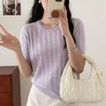 shintimes Short Sleeve Knitted T-shirt For Women O Neck Solid Pullover Tops Female Hollow Out Fashion Thin Tshirts Summer