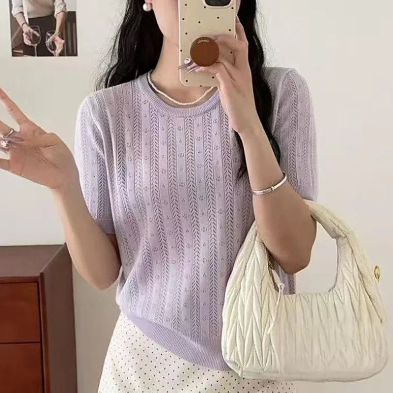 shintimes Short Sleeve Knitted T-shirt For Women O Neck Solid Pullover Tops Female Hollow Out Fashion Thin Tshirts Summer