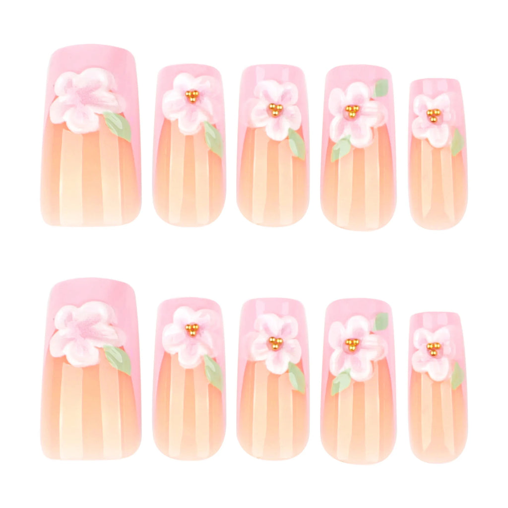 24Pcs Medium Coffin Square Fake Nail with Pink Flower Designs Wearable French Fashion False Nails Ballet Finished Stick on Nails